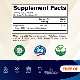 Vitamatic Magnesium Lactate 2000mg per Serving – 180 Tablets – Supports Muscle, Heart, Bone & Nervous System Health* – Non-GMO, Gluten Free, No Artificial Additives