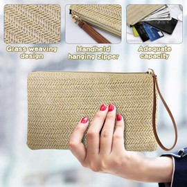 WisePoint Straw Clutch Purse with Handle, Straw Handbag Clutch Purses for Women, Bohemian Wristlet Purse Summer Straw Purse (beige)