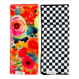 crae. 2 Double Sided Microfiber Hand Towels, 17x27 Inches Waffle Design Kitchen Towels Set, Durable & Soft Fast Drying Hand Wash Cloth and Dishcloth Perfect for Everyday (Pia & Fonnie - Black/Pink)