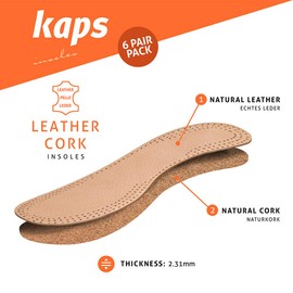 Shoe Insoles Set | 6 Pair Pack Natural Leather with Cork Underlayer for Men and Women | Replacement Inserts | Variety of Sizes | Kaps Leather Cork (Men / 10 UK / 44 EUR)