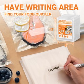 FUNFERY Pre-cut Vacuum Sealer Bags for Food, 200 Quart 8" x 12", Food Long-Term Storage and Sous Vide Commercial-Grade Bag,BPA Free Bags,Easy Labled