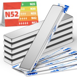 VNDUEEY Rare Earth Neodymium Magnets, 6 Pack Super Strong Bar Magnets with Double-Sided Adhesive, Powerful Magnetic Bar Heavy Duty for Fridge, Garage, Kitchen, Craft, DIY- 60x10x3 mm (N52)