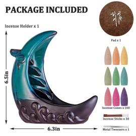 SagTuol Incense Burner, Backflow Incense Burner, Ceramic Incense Stick Holder with 100 Backflow Incense Cones + 30 Incense Sticks, for Aromatherapy Ornament, Home Decor (Blue)