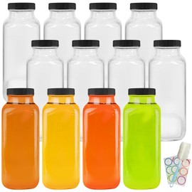 Garandad 12 oz Glass bottles with lids，Reusable glass juice bottle,Comes with label stickers and sponge brush, pack of 12