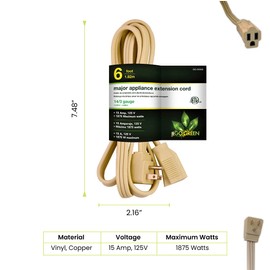 Go Green Power Inc. 6ft Heavy Duty Appliance Cord, Beige - Ideal for Air Conditioners, Large Appliances, Grounded Right-Angle Plug, Kink-Free and Durable - Blends Seamlessly with Home Décor - GG-25606