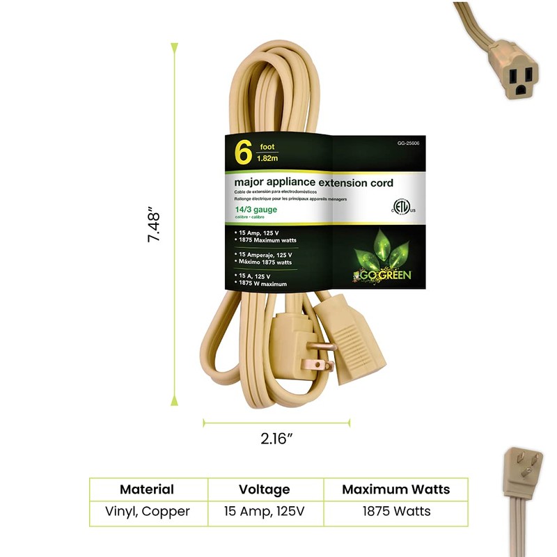 Go Green Power Inc. 6ft Heavy Duty Appliance Cord, Beige