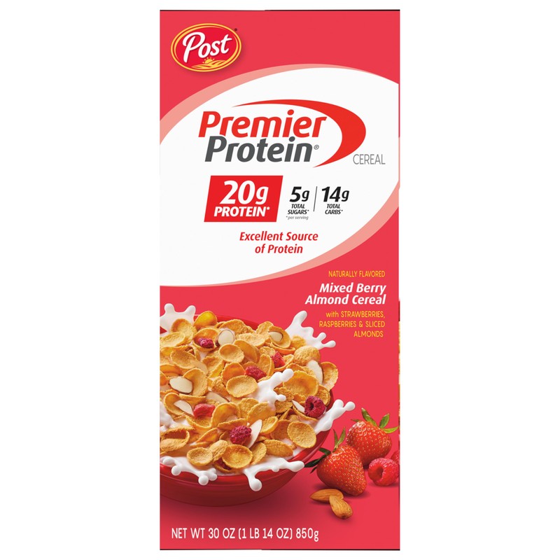Premier Protein Mixed Berry Almond cereal, high protein cereal, protein