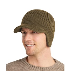 Koreshion Gorro de invierno para hombre con orejeras, gorro de béisbol de punto con ala, sombrero de esquí cálido con forro polar de caza, Caqui, Talla única
