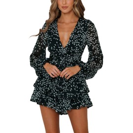 Bonkwa Women's Summer Deep V-Neck Floral Print Romper Long Baggy Sleeves Double Layer Ruffle Hem Short Jumpsuits with Belt