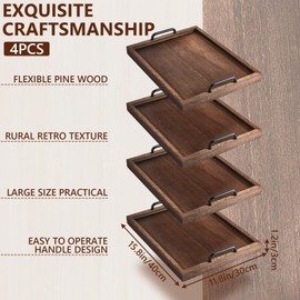 Lallisa 4 Pcs Large Wooden Serving Tray Decorative 15.75 x 11.81 x 2.36 Inch Ottomantray Rustic with Handles Coffee Table Decor Wood Tray Kitchen Platter for Party Tables Breakfast Wedding (Brown)