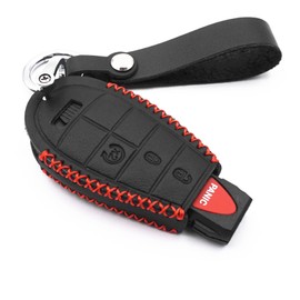 WFMJ Leather Smart 4 Buttons Key Fob Case Cover Chain for Dodge Ram 1500 2500 3500 Challenger Durango Grand Caravan Journey Jeep Grand Cherokee (Black)