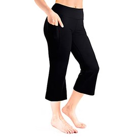 Yogipace Women's 20"/22"/24" Cropped Flare Yoga Pants Capri Length Lounge Pants with Side Pockets, YCW1403, 22", Black, Size XL