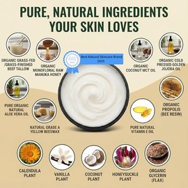 Whipped Beef Tallow Balm with Manuka Honey, Face & Body Moisturizer | Grass-fed tallow, Manuka honey, propolis, beeswax, jojoba, aloe & calendula in a whipped 2.4 oz glass jar.