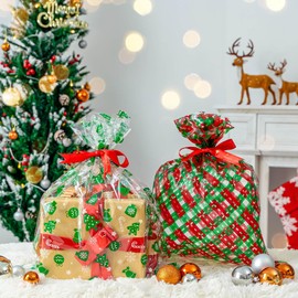 CubesLand Christmas Cellophane Wrap Bags for Gift Basket,Christmas Clear Cellophane Wrap Bags 17.71"x23.62"Large 3 Mil Thick Crystal Christmas Gift Basket Bags,Party Favors Bags,10PCS 2 Designs