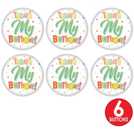 Beistle 6 Piece Today's My Birthday Pinback Button Badge Pins for Party Favors Supplies, 2", White/Multicolored