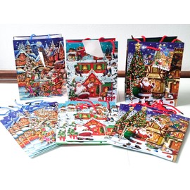 CaPiSo Pack of 12 Medium Design Gift Bags with Sturdy Cord 23 cm x 18 cm x 10 cm Gift Bags Carry Bag with Handle Party Bags Colourful Bags Carrier Bags Red Christmas