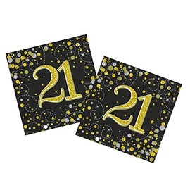 Party Angels 2 Packs (32 Napkins) of 21st Birthday Black Gold Unisex Holographic Sparkling Fizz Design Napkins Serviettes Tissue, 33cm x 33cm 3-ply Age 21 Male Female Napkins 16pcs in Each Pack