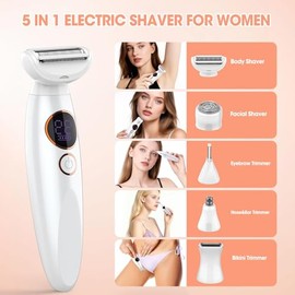 Recortadora de bikini 5 en 1 para mujer, IPX7, impermeable, inalámbrica, reemplazable, cejas, afeitadoras eléctricas faciales y recortadora de pelo de