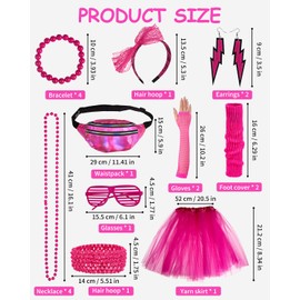 Jissta 80 90s Outfit Women, Headband, Earring, Necklace, Glasses, Tutu, Belt Bag, 80s Costume Accessories, for Women, Girls, Adults, 80s Theme Party, Carnival, Fancy Dress