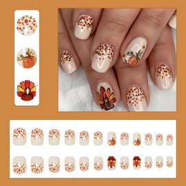 24Pcs Fall Thanksgiving Day Turkey Press on Nails with Glitter Pumpkin Polka Dots Design Acrylic Nails Press on Reusable Glue on Nails Autumn Full Cover Stick on Nails Artificial False Nails for Women