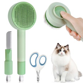 Cat Brush for Shedding with Pet Nail Clippers, 3 in 1 Cat Grooming Brush Set, Self Cleaning Cat Grooming Shedding Brush suitable for Long & Short Haired Cats Dogs (with pet nail clippers)