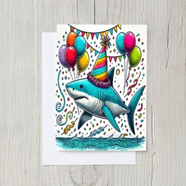 PICTURE THIS PRINTS Great White Shark Birthday Card – Funny Shark Greeting Card for Kids and Adults, Ocean Animal Lover Party Theme Greetings, Unique Punny Humor Birthday, Comes with Envelope (5x7”)