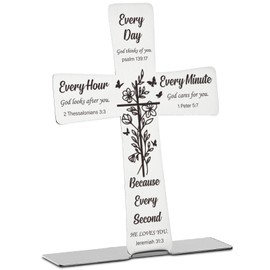 Bible Verses Cross Decor Inspirational Scripture Gifts for Women Faith Men Friend Coworker Encouragement Christian Religious Stainless Steel Cross Desk Decorative Signs Plaques COR3