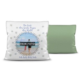 PR Print Royal Cushion with Your Own Picture and Name for Dad – Blue/Photo Collage as Gift Idea/Decorative Cushion/Decorative Cushion/Back Green with Filling