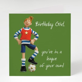 Female footballer birthday card by Erica Sturla, 15cm square, great soccer card for mum, sister, daughter, aunt, niece, cousin, friend etc. Blank inside