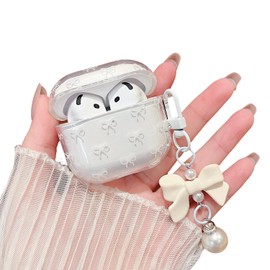 MINSCOSE Compatible with AirPods 4 Clear Case,Cute Bow Pattern Pretty Ribbon Aesthetic Design with Bow Pearl Keychain,Soft TPU Protective Shockproof Case for Women Girl for AirPods 4-White