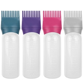 ELANE 4 Pcs Root Comb Applicator Bottle, 6oz, Hair Oil Applicator Bottle for Hair, Dye, Shampoos, Salons, Camping, Traveling (Purple+Grey+Red+Green)