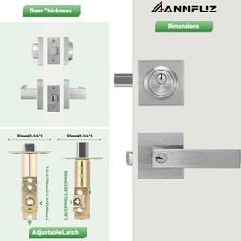 ANNFUZ Keyed Alike Combo Set Entry Door Lever Lock Set with Same Keys & Single Cylinder Deadbolt,Heavy Duty Square Door Handle Lockset,for Front Door, Bedroom & Office,Brushed Nickel