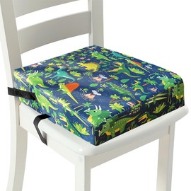 Rppiup Booster Seat Dining Chair, Toddler Booster Seat for Dining Chair with Non-Slip Bottom, Pu Washable Cartoon Booster Cushion Toddler with 2 Adjustable Straps, Detachable Cushion for 3+, Blue Dino