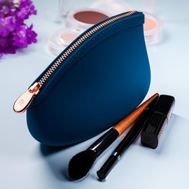 Cosmetic Bag by Pudinbag | Small Makeup Bag for Women | Cosmetic Makeup Pouch for Purse | Silicone Waterproof Vegan | Blue