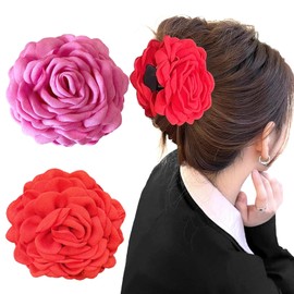 ASOMI 2 Pack Large Hair Clips with Hawaiian Roses Floral Hair Clips for Women and Girls, Thin Hair, Blooming Rose Claw Clips, Non-Slip (Rose Red, Red)