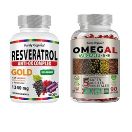 Purely Organics | Combo Resveratrol Gold + Omegal | Antioxidantes + Omega 3-6-9 para Bienestar Celular y Metabólico | 90 Cápsulas c/u