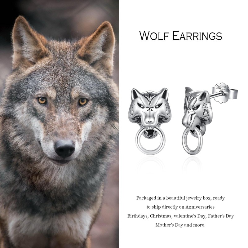 Midir&Etain Wolf Earrings 925 Sterling Silver Viking Earrings Men Wolf