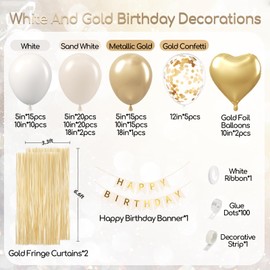 White and Gold Birthday Decorations for Women with Sand White Metallic Gold Confetti Foil Balloons Fringe Curtain Bannner for Golden Birthday Party Decorations for Women