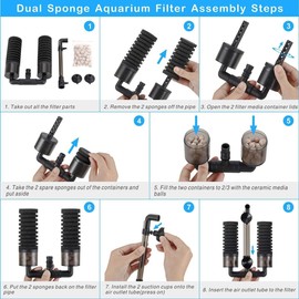 Aquarium Double Sponge Filter, Fish Tank Filter for Tank, Internal Aquarium Filter, Submersible Foam Filter with Filtered Ceramic Balls, Quiet Filter Fish Tank for Fresh Water and Salt Water (Large)