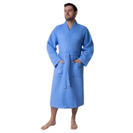 BAGNO MILANO Mens Waffle Robe – Lightweight Cotton Blend Waffle Bathrobe Men for Spa, Made in Turkey (Large, Blue)