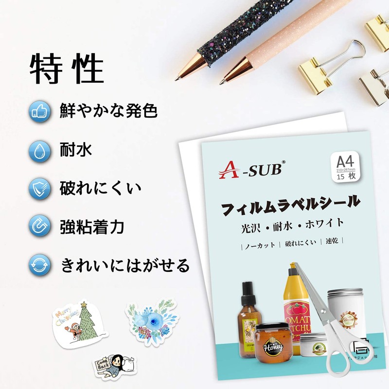 A-SUB Waterproof Glossy Inkjet Film Labels Waterproof 15 Sheets A4