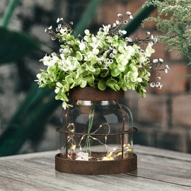 Farmhouse Rustic Glass Vases Home Decor Vintage Flower Lantern with Plants and Lights Centerpiece for Dining Table Primitive Floral Arrangement Gift for Kitchen Laundry Room Bathroom Dresser