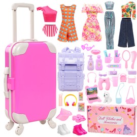 40 PCS Doll Travel Accessories Playset Includes Travel Luggage Suitcase 5 Clothes 1 Backpack 3 Pairs of Shoes & 32 Accessories Headset Puppy Toiletories,etc Travel Toy Set for 11.5 Inch Girl Dolls