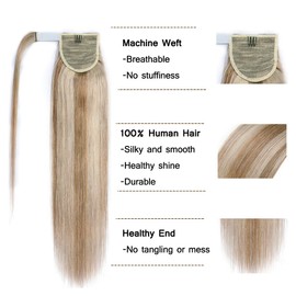 SEGO Ponytail Extension Human Hair Pony Tails Hair Extensions Wrap Around Ponytail Hair Extensions 100% Real Remy Hair With Magic Paste Long Straight #18P613 Ash Blonde&Bleach Blonde 95g 20 Inch