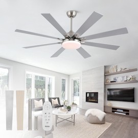 POCHFAN 62 inch Ceiling Fans with Lights and Remote Control, Modern Brushed Nickel Ceiling fan with 8 Wooden Blades for Kitchen Living Room Patio, Quiet DC Motor, 3 CCT Dimmable,6 Speed