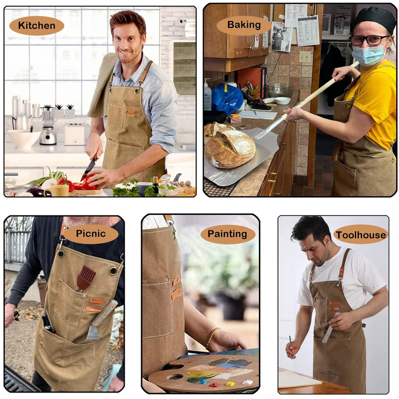 Chef Apron for women men,Adjustable Canvas Apron with Large Pockets,Crossback,Waterproof