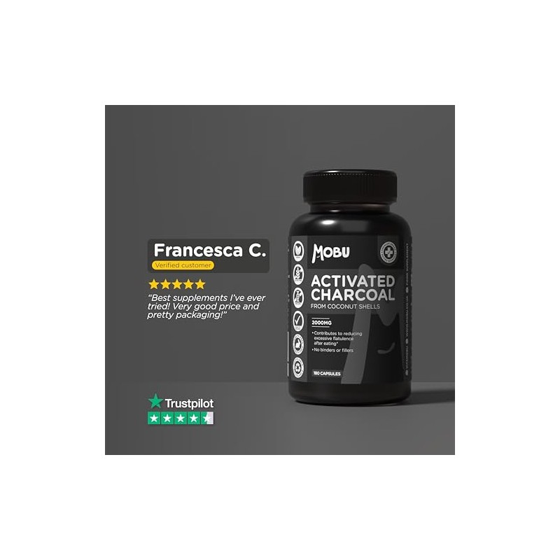 Activated Charcoal Capsules 2000mg – 180 Capsules | Helps Reduce