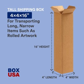 BOX USA 4x4x16 Tall Corrugated Boxes, Tall, 4L x 4W x 16H, Pack of 25 | Shipping, Packaging, Moving, Storage Box for Home or Business, Strong Wholesale Bulk Boxes