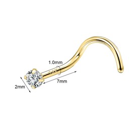 SYLWIA 14K Real Gold Nose Studs 18g, L Shaped Nose Rings Corkscrew, Simulated Diamond CZ Hypoallergenic 20 Gauge Nose Ring Piercing for Women Wen Gifts - 2mm 2.5mm 3mm CZ