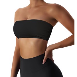Boudaner Women’s Padded Bandeau Sports Tube Top Bra Strapless Wireless Solid Seamless Yoga Workout Bralette Black